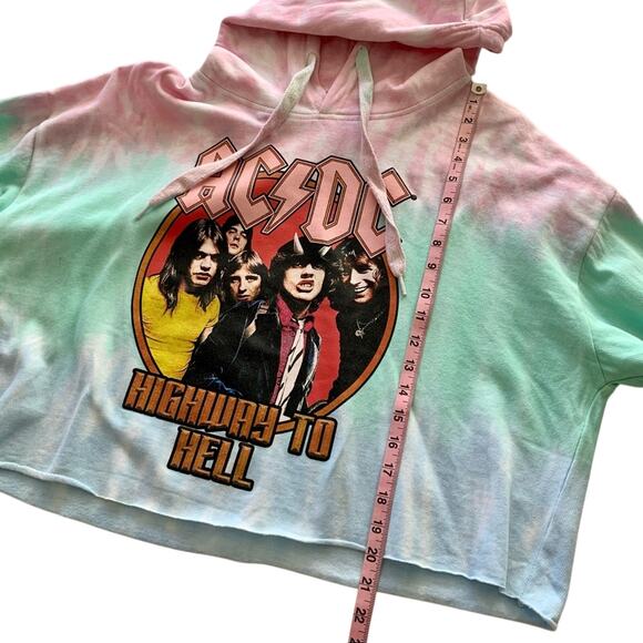 AC/DC Tie Dye Graphic Raw Hemline Cropped Hoodie Sweater Size XL - Picture 5 of 9